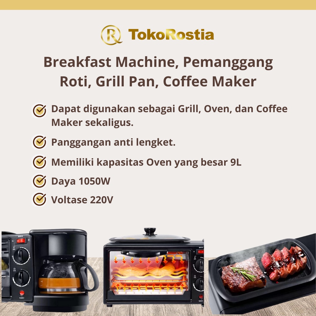 Breakfast Machine 3 in 1 Pemanggang Roti Grill Pan dan Coffee Maker