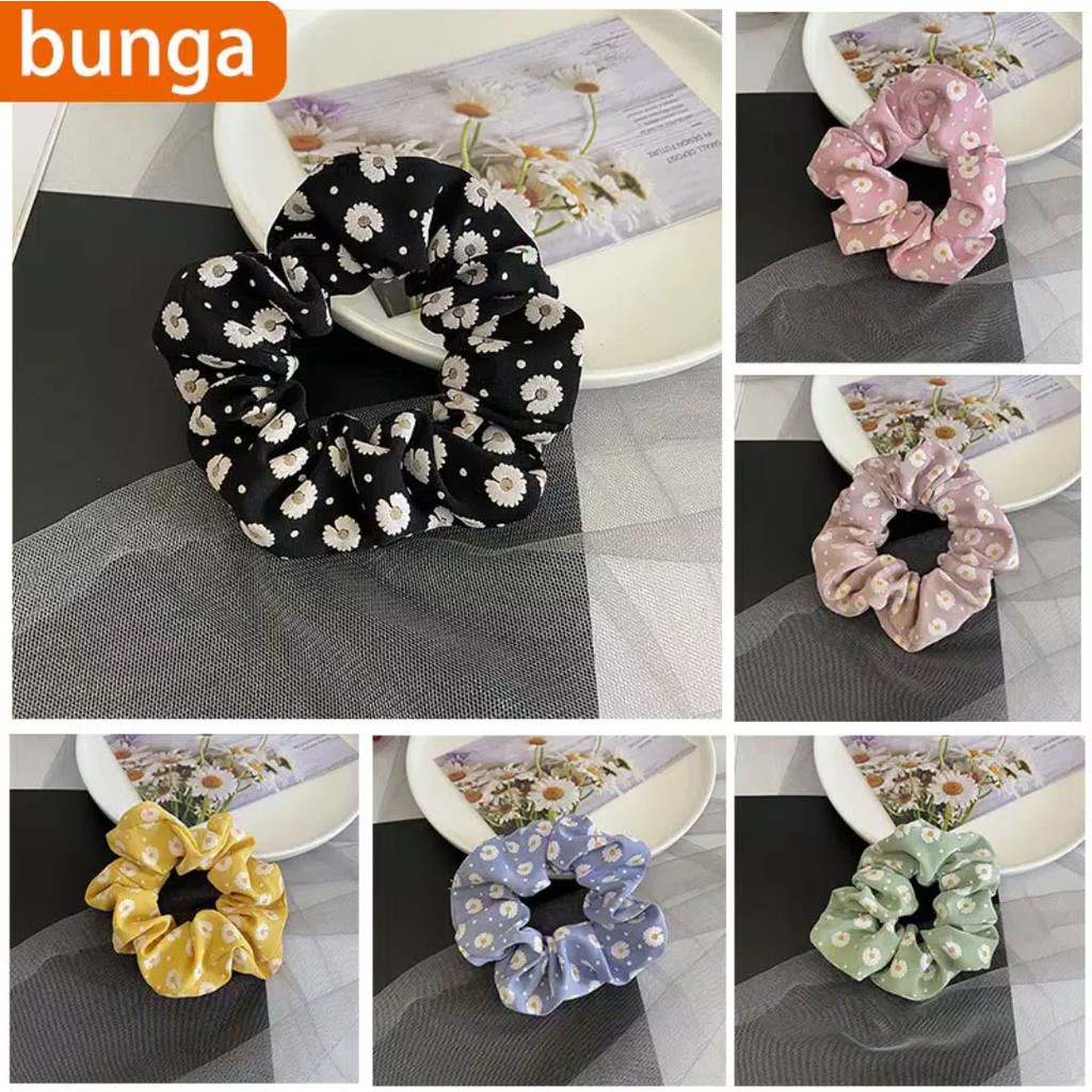 ikat rambut scrunchie kerut motif daisy kecil korean style