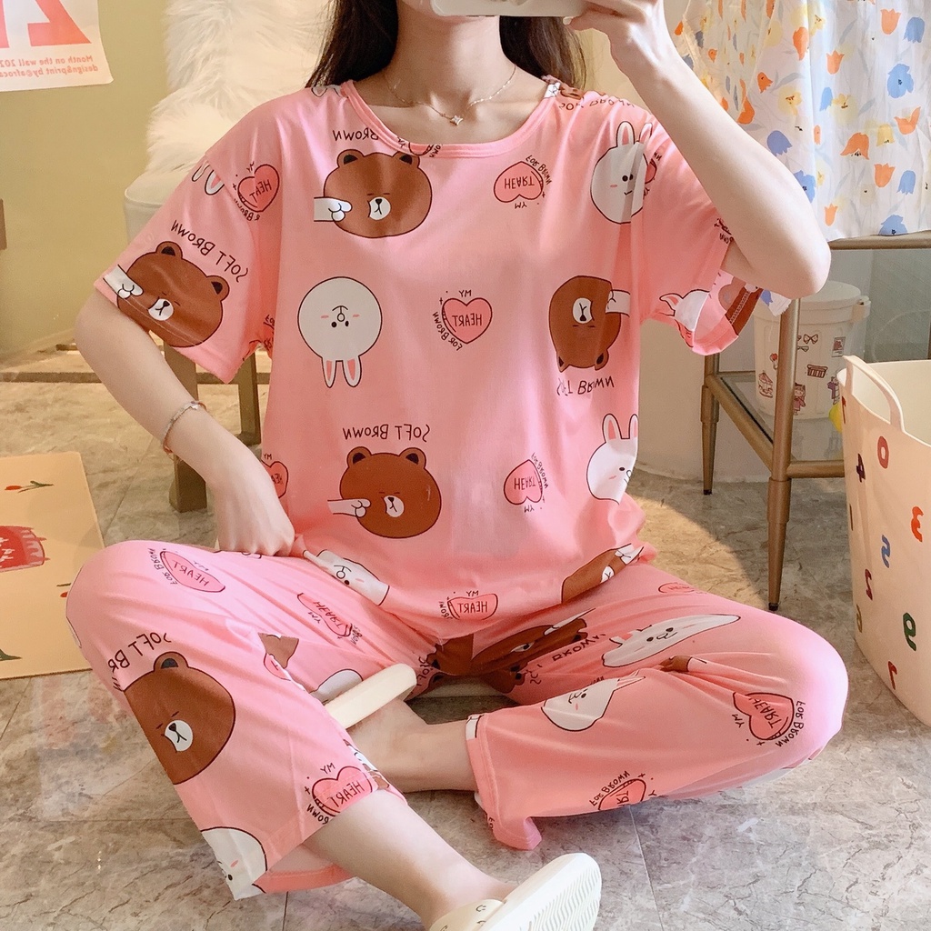 UNNY.ID Baju Setelan Piyama Import Lengan Pendek Celana Panjang Baju Rumah Baju Tidur Wanita Motif Kartun-Brown Cony