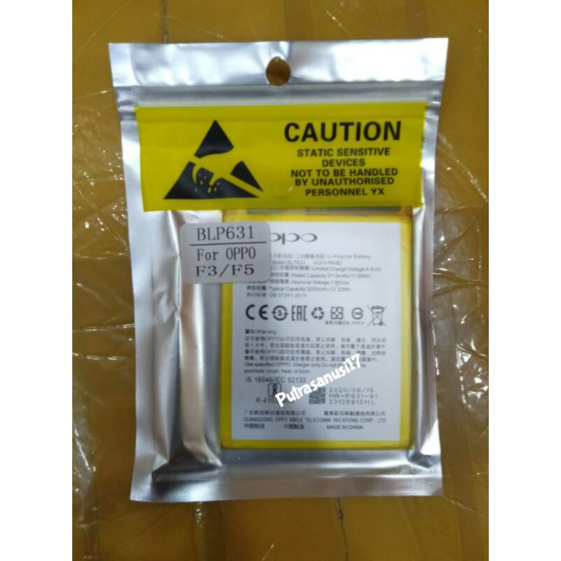 Baterai Oppo F3 / F5 / BLP631 Original 100%