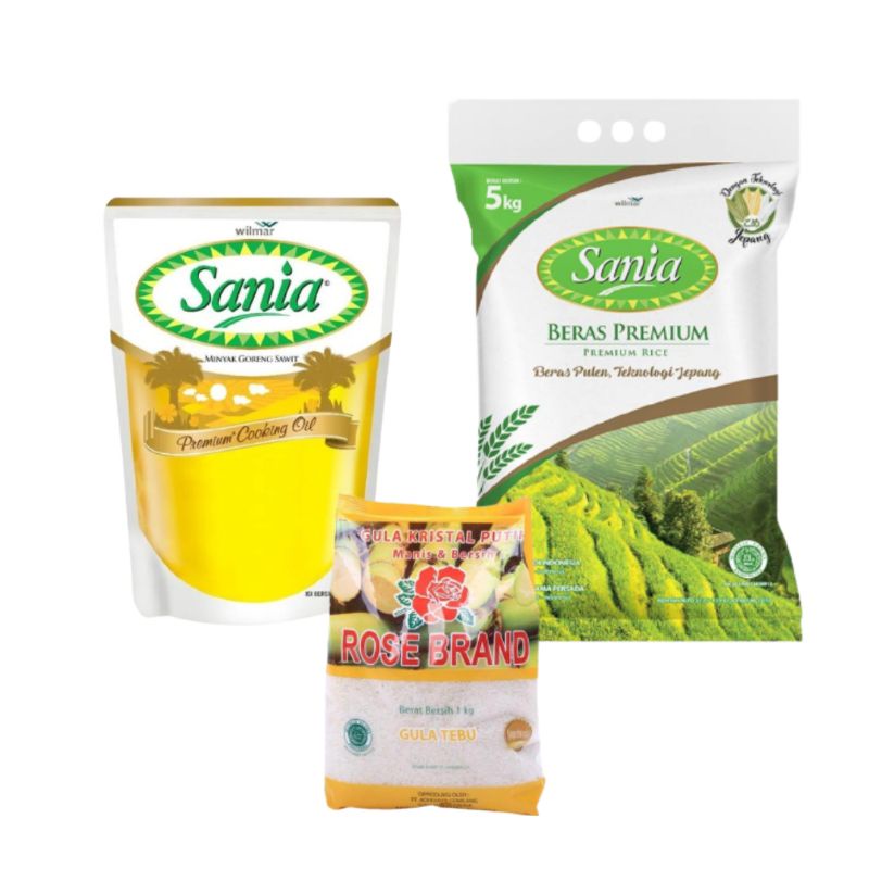 

Beras 5kg, minyak 2 liter, gula 1kg