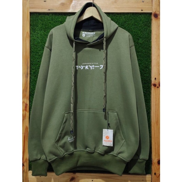 Kachios - Sweater Hoodie Pria Distro Premium Original Hijau Army Japanese Style Bahan Fleece Tebal M