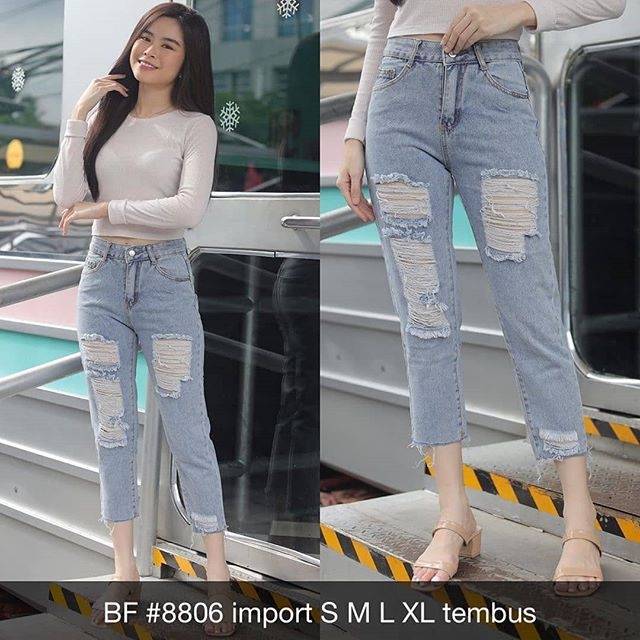Celana Jeans Wanita BF 8806 Import Boyfriend Ripped Skinny Fringe Sobek