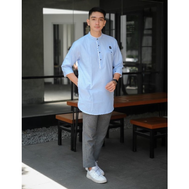 ALANZA kurta tuhfah lengan tiga perempat baju muslim pria koko pakistan lengan tiga perempat warna biru kode KFA 8768