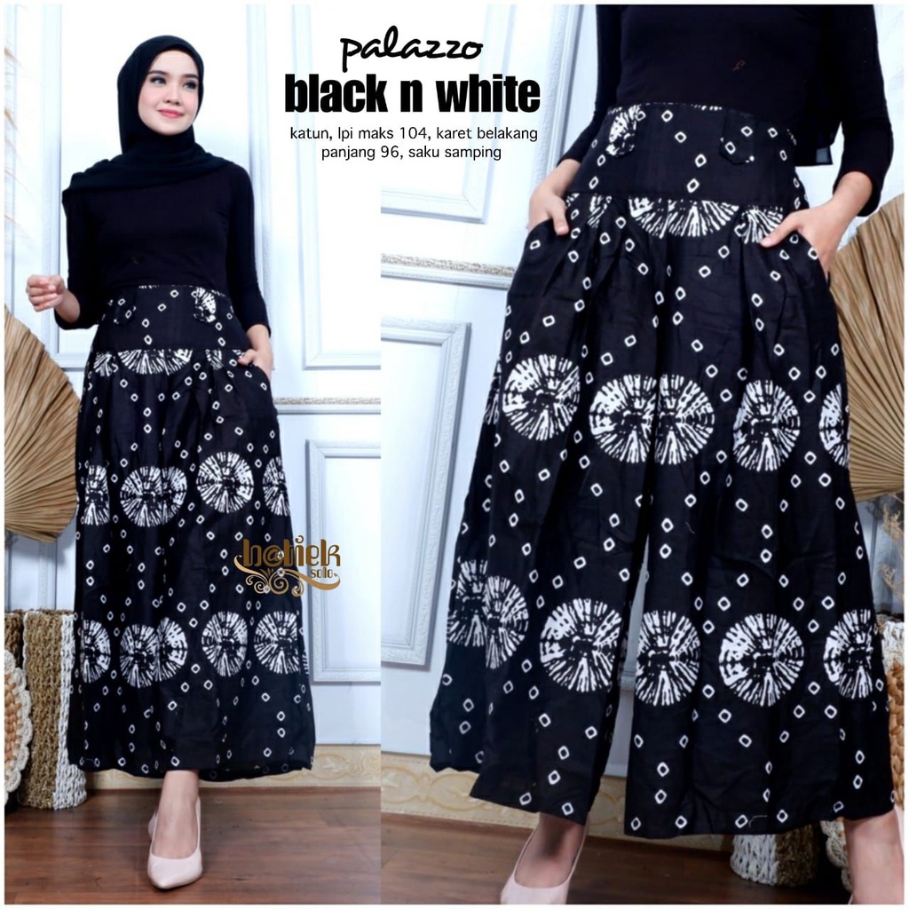 Kulot Palazzo Black N White Batik Celana Jumbo Wanita Casual Celana Panjang Bawahan Kulot Motif-Jumputan