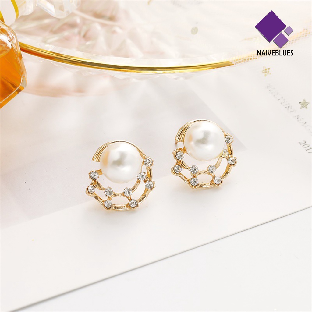 Anting Stud Mutiara Berlian Imitasi Model Hollow Untuk Wanita