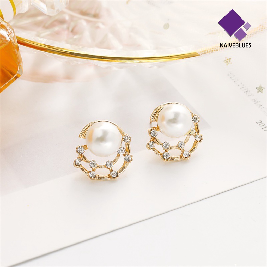 Anting Stud Mutiara Berlian Imitasi Model Hollow Untuk Wanita