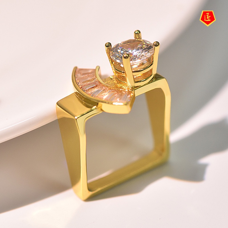 [Ready Stock]Inlaid Trapezoidal Square Diamond Ring 18K Gold Creative Personality