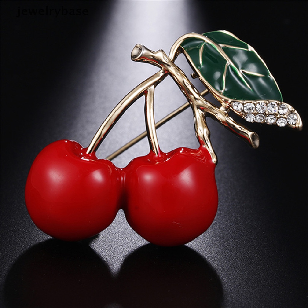 Bros Pin Enamel Bentuk Cherry Merah Bahan Metal Aksen Kristal Untuk Sweater