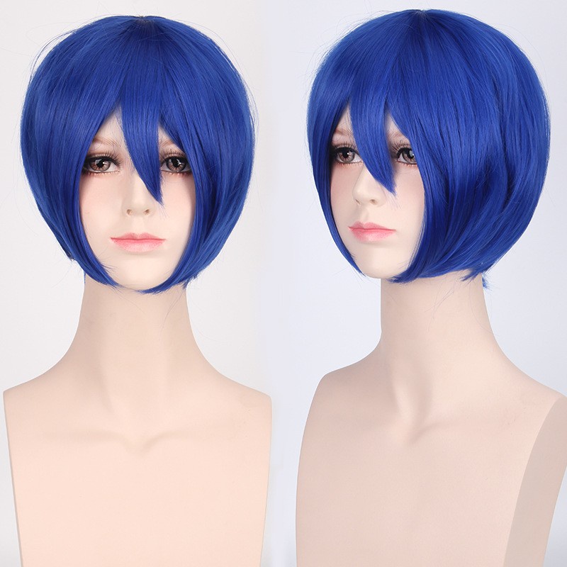 K047-14 BLUE wig base cowok pendek cosplay rambut palsu 30 cm hitam abu daily