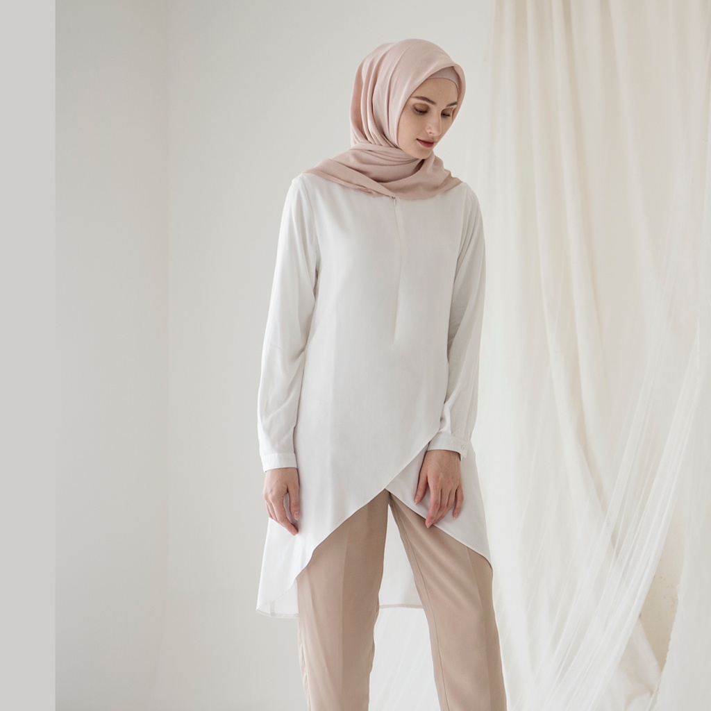 Karuna by Aska Label - Tunik wanita panjang rayon lengan panjang busui friendly dengan hem tulip