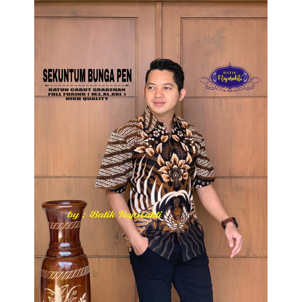 Batik Pria SEKUNTUM BUNGA PENDEK Kemeja Full Furing Bahan Katun Sragenan