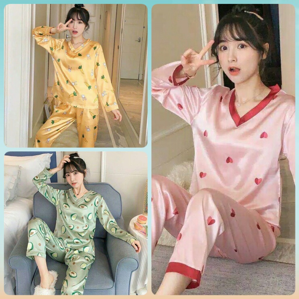 Piyama Kerah V Satin / Piyama Lengan Panjang / Piyama Satin Import