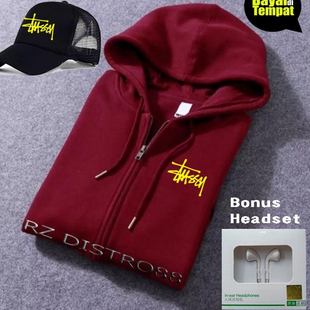 SALEE!!!!.. Bonus Topi. Bonus Headset. Jaket Hoodie Resleting STUSSY  Text Yellow / Jaket Pria wanit