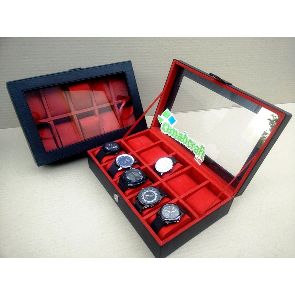 Box Jam Tangan 12 Warna Hitam dalam Merah / Tempat Jam isi 12 / Kotak Jam Tangan Best Quality