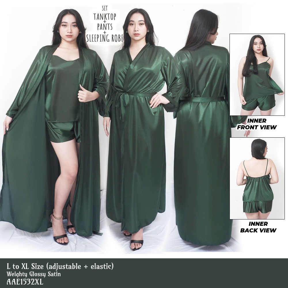 FOLVA kimono panjang set tanktop celana satin 1532HSET_XL hijau jumbo