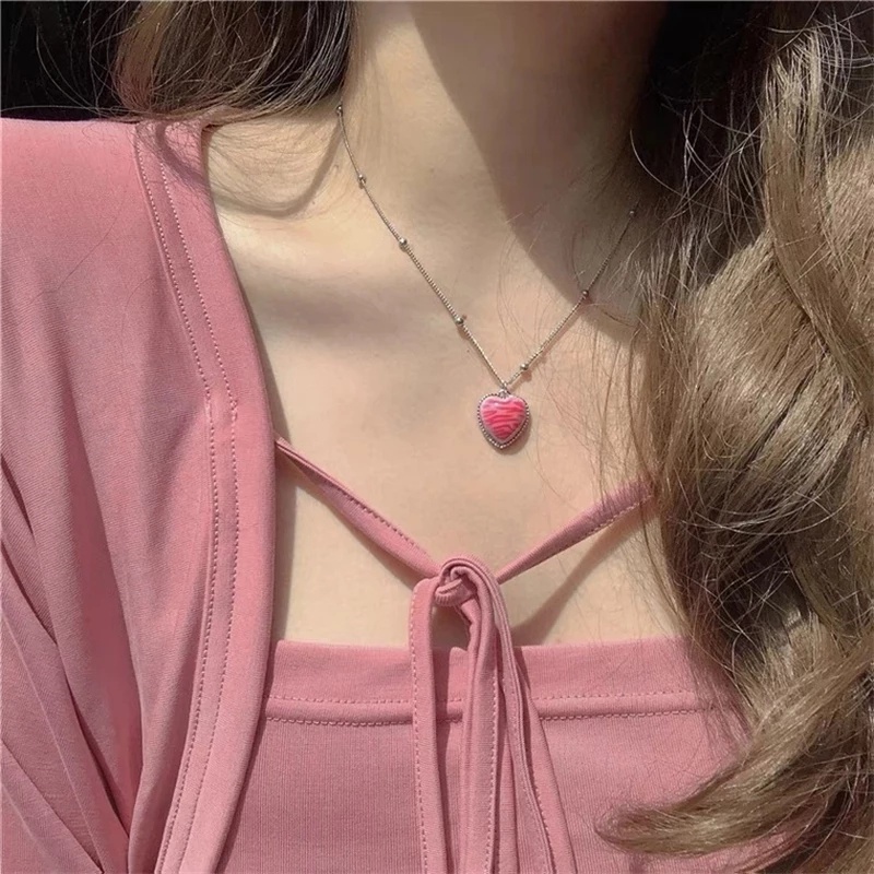 Kalung Rantai Manik-Manik Butterfly Hati Warna Pink Ungu Gaya Korea Untuk Wanita