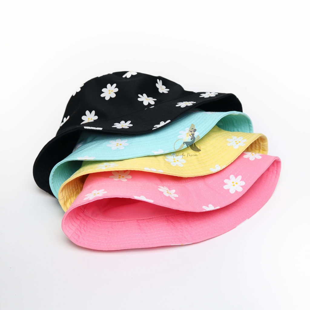 Topi Bucket Dewasa dan anak Sablon Bunga daisy 1 sisi D003 Daisy Bahan Drilll / Daisy 003