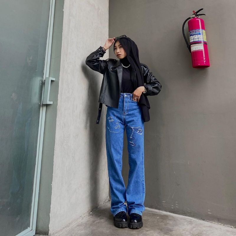 (27-30) FACE BORDIR HW LOOSE JEANS / MUKA BORDIR HW LOOSE JEANS / CELANA HIGHWAIST LOOSE JEANS WANITA CEWEK