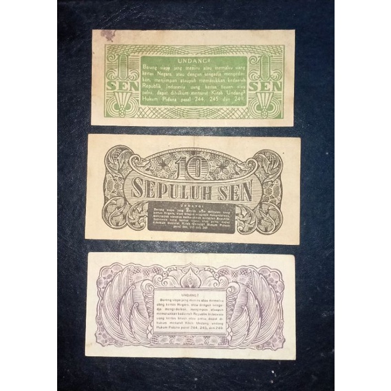 LANGKA uang kuno 1 SEN ORI 1945, 5 SEN ORI 1945, 10 SEN ORI 1945, (OEANG REPUBLIK INDONESIA)