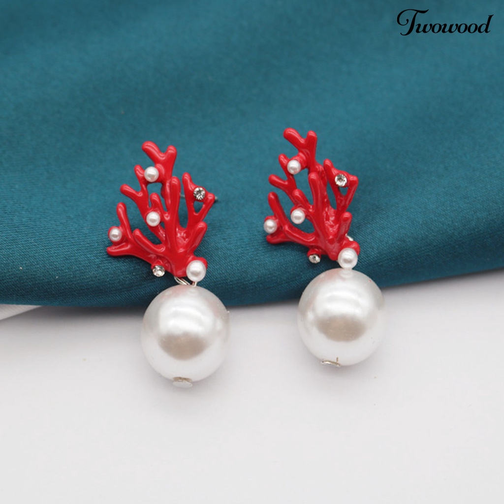 Twowood 1 Pair Ear Studs Coral Shape Faux Pearl Jewelry Cute All Match Lightweight Stud Earrings for Dating