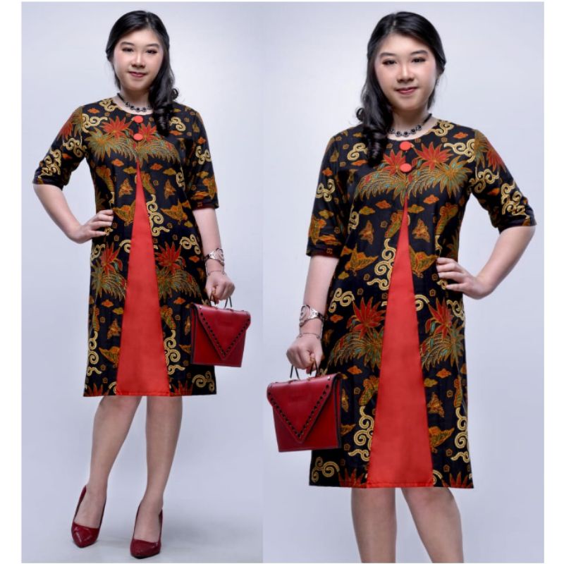 Dress Wanita Jumbo 4L-5L Terusan Batik Tunik Big Size Seragam Batik Kantor Wanita MWR