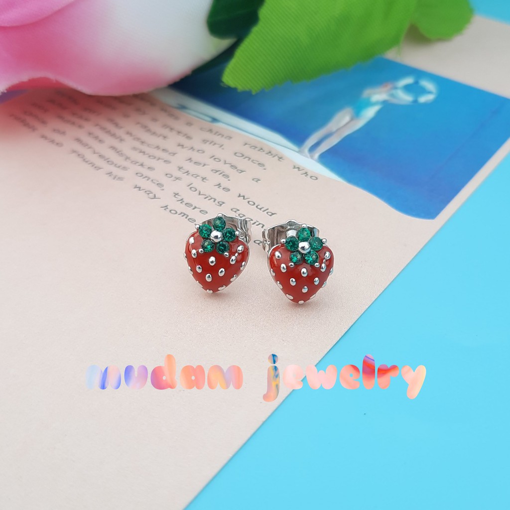 Anting Tusuk Untuk Anak-Anak Atau Dewasa Bentuk Strawberry Dengan Kristal Artifisial