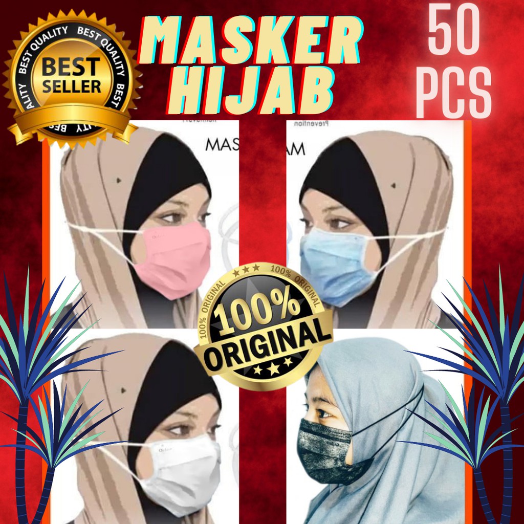 Masker Hijab 3ply Headloop Orlee Kemenkes Disposable isi 50pcs Warna Putih Pink Biru Abu abu