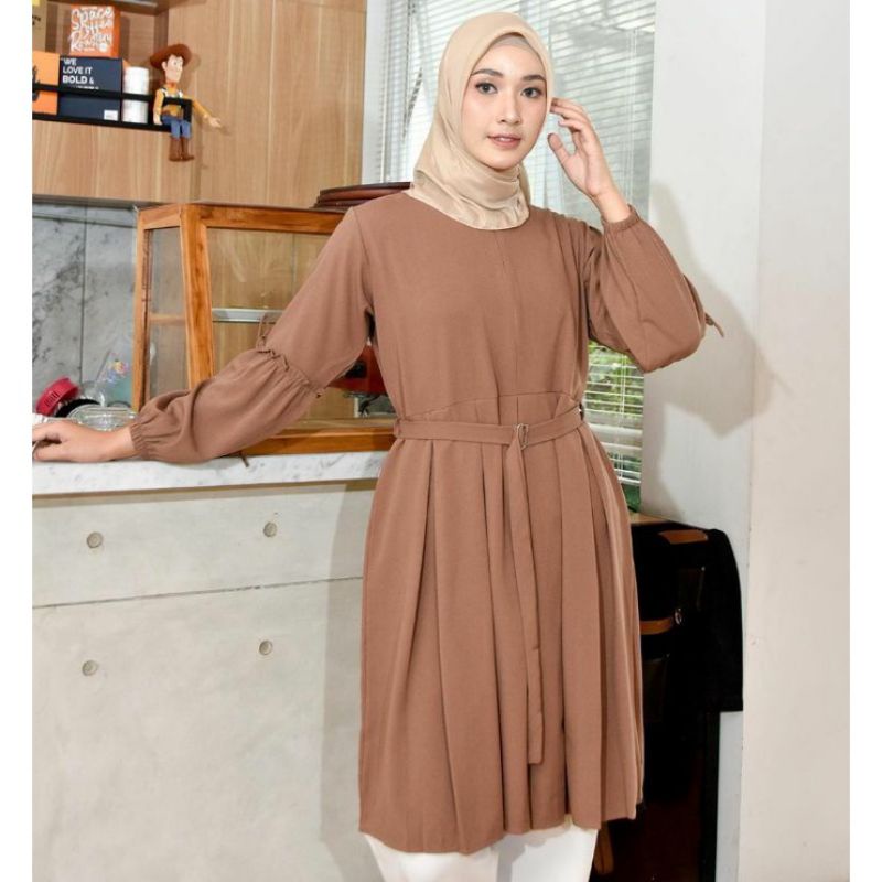 Baju Atasan Muslim Wanita Pakaian Tunik Tali Pinggang Lengan Panjang Balon Kekinian