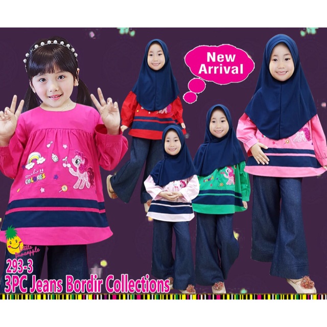SET PONY KATUN BORDIR, CELANA JEANS DENIM + JILBAB 2933 sz 3-8 thn merk Little Pineapple