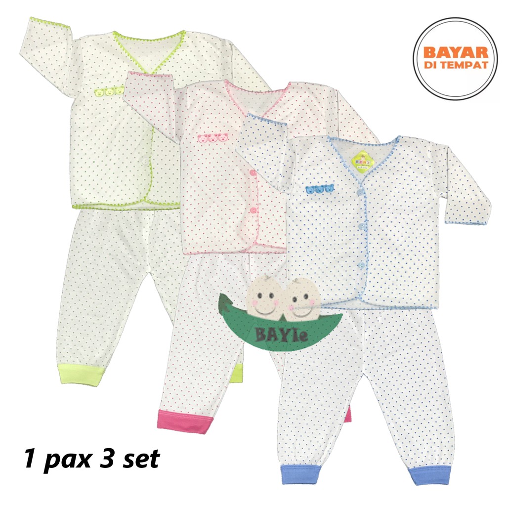 BAYIe - 3 SET Setelan Baju Bayi/Anak Panjang+Celana Panjang POLKADOT RYN 0-3 bulan Bahan Katun TC