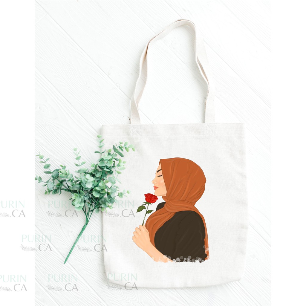 Tote bag Kanvas Custom Gambar Wanita Hijab / Hijabers