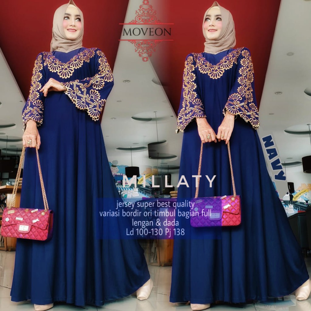 Busana Muslim Wanita MILLATY Gamis Jersey Jumbo XXL XXXL LD 130 Mewah Terbaru Baju Pesta Arab Murah