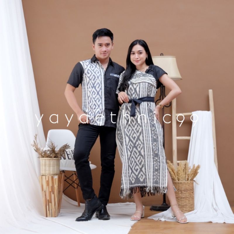 Jual Set Couple Baju Kondangan Couple Ethnic Tenun Troso Kemeja Pendek Kombinasi Tenun Dress