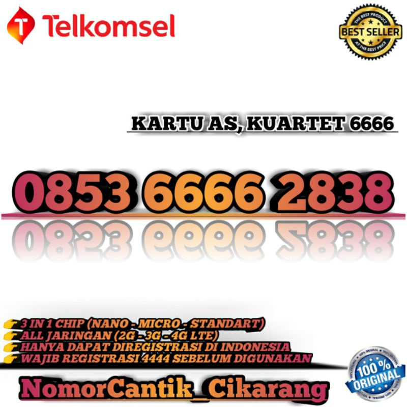 NOMOR CANTIK TELKOMSEL KARTU AS SERI KUARTET 6666  2838