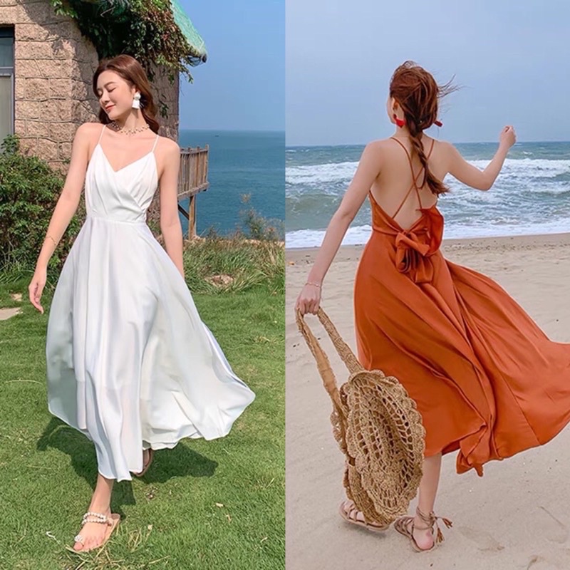 DAISY DRESS / DRESS PANTAI SATIN SUTRA BACKLESS WANITA PREWED PREWEDDING CEWEK ALA KOREA CASUAL PEST