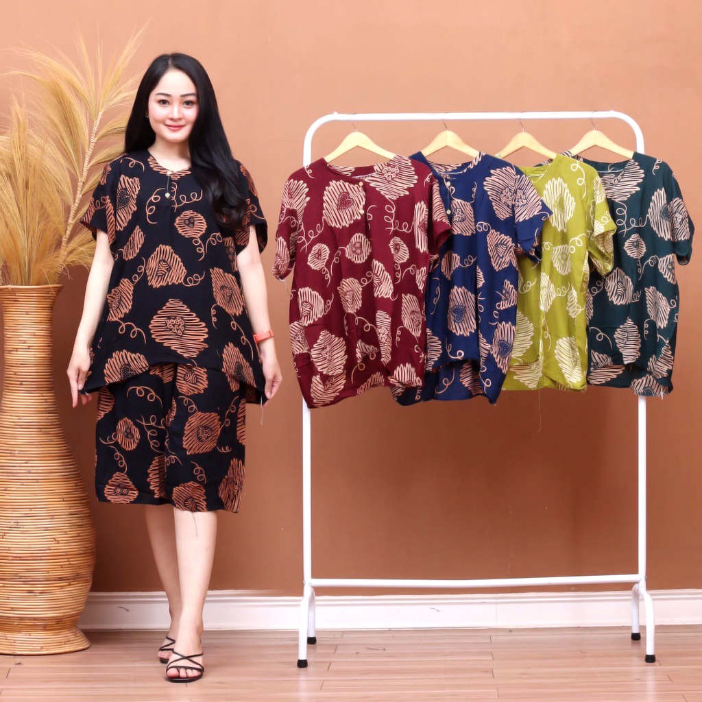 BAJU TIDUR WANITA SETELAN ONESET PIYAMA KULOT SUPER JUMBO KEKINIAN  BUSUI BUMIL ( ROHMAH GELOMBANG OVAL SELEDRI CABUTAN )-KJ LOVE CABUTAN