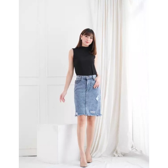 Rok Jeans Pendek 3/4 | Rok Span Jesika Rawis Ripped Skirt Sobek Premium