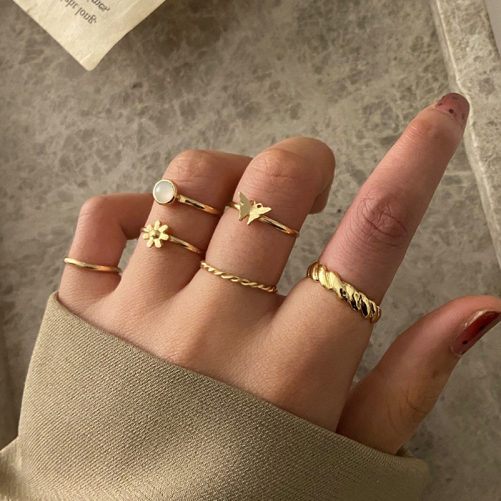 Set Cincin Knuckle Midi Lapis Emas Desain Kupu-Kupu / Bunga Geometri Untuk Wanita