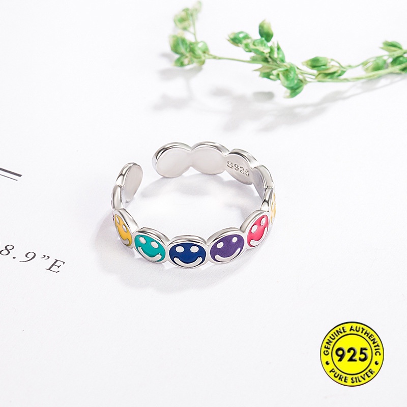 Cincin S925 Silver Model Terbuka Dapat Disesuaikan Motif Smiley Warna Pelangi Untuk Wanita