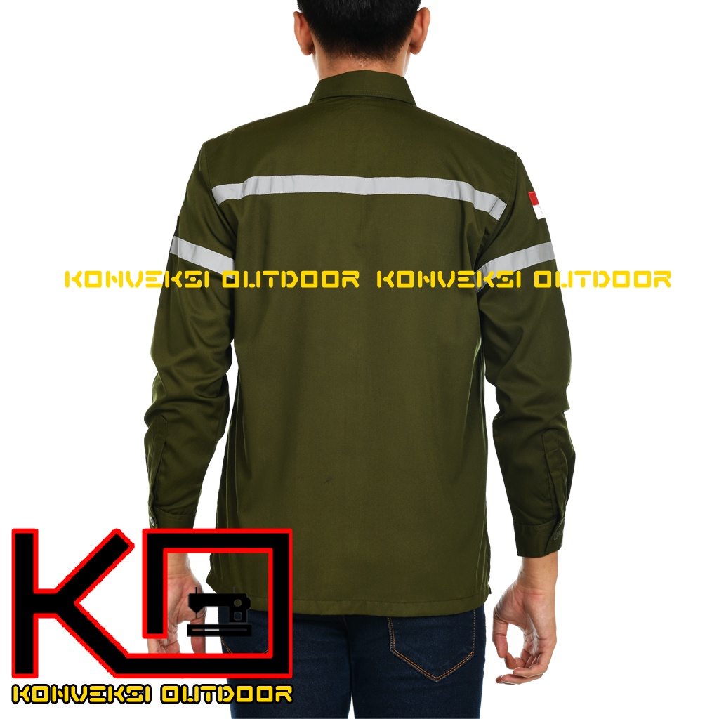 Kemeja Kerja Safety Pria Lengan Panjang - Baju Kemeja Proyek Wearpack Safety K3 Lapangan Outdoor Scotlite Indonesia Tebal Tambang Listrik Mekanik Teknisi Mesin Bangunan Werpack Driver Operator PLN Intalasi Listrik Enginer Teknik Sipil Kilang Hijau Army