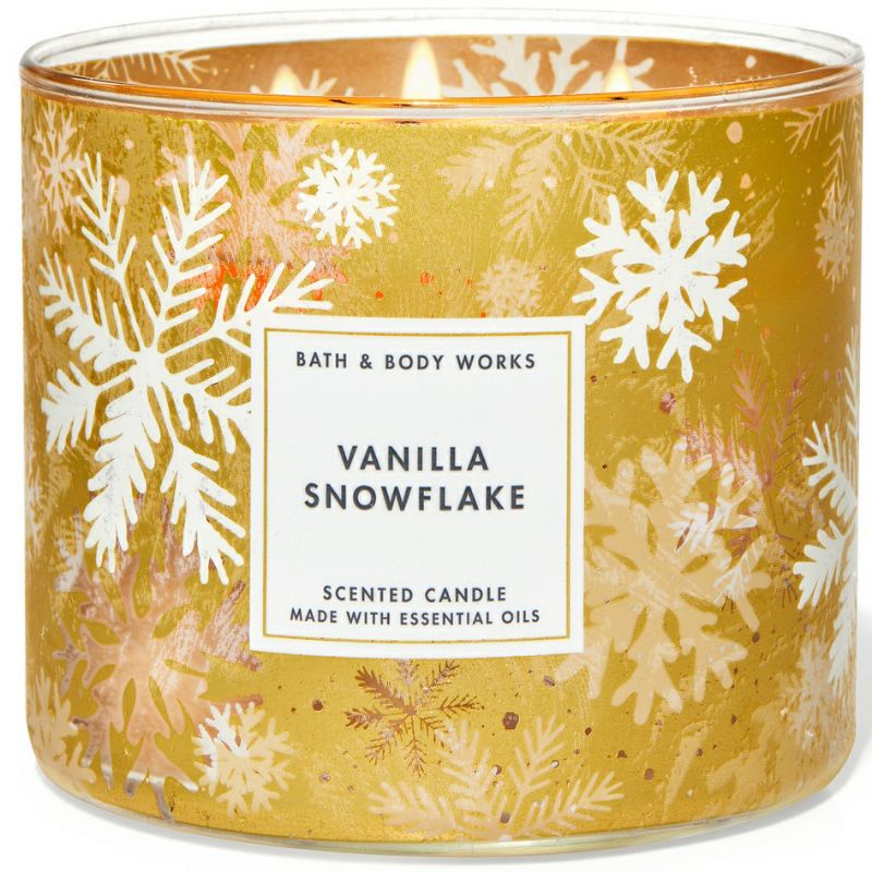 BATH AND BODY WORKS BBW VANILLA SNOWFLAKE 3 WICK SCENTED CANDLE MADE WITH ESSENTIAL OILS 411 G