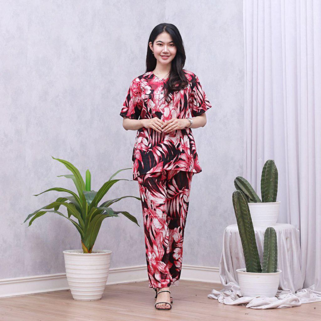 Batik Prass - Setelan Baju Tidur Busui Lengan Pendek - Piyama Batik Terbaru - Baju Santai-AMARTHA MERAH