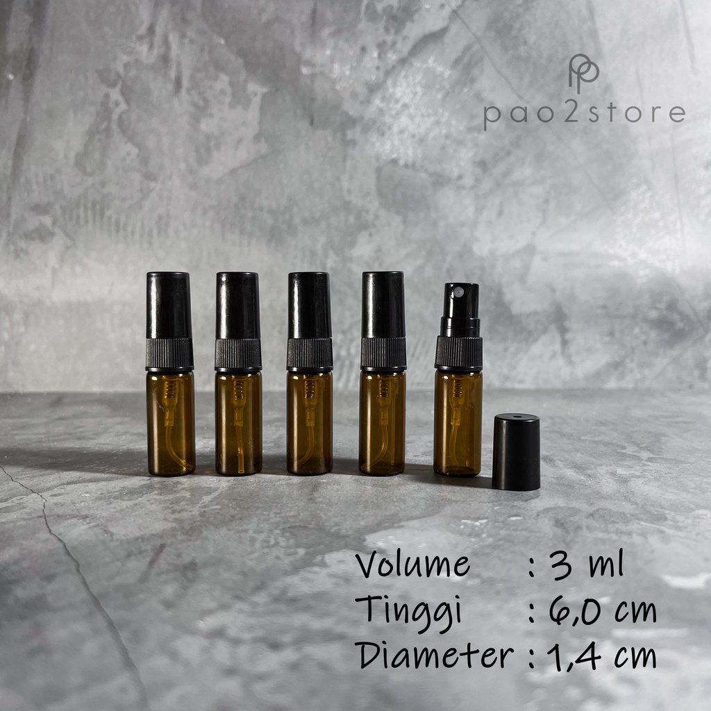 Botol Spray Kaca 3ml AMBER / Coklat Tutup HITAM - Refillable Atomizer Travel Size Parfum Decant
