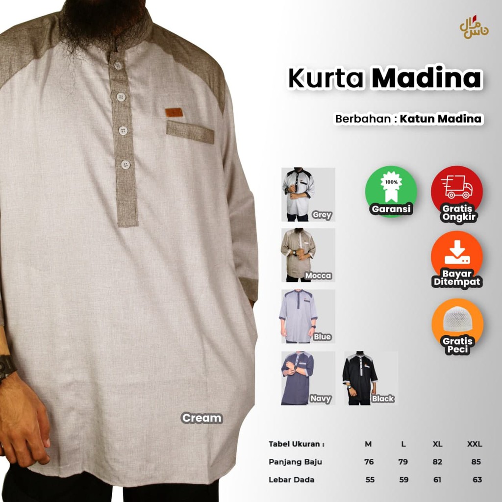 Koko Kurta Pria Bahan Katun Madina Adem dan Lembut.