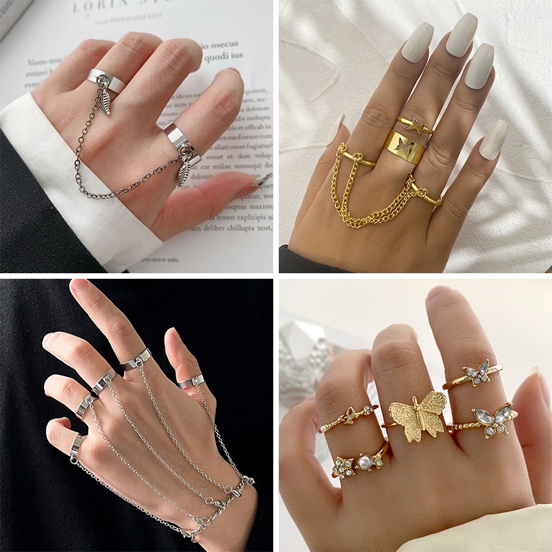 Set Cincin Jari Telunjuk Wanita Desain Bunga / Kupu-Kupu / Daun Hias Mutiara + Berlian Imitasi