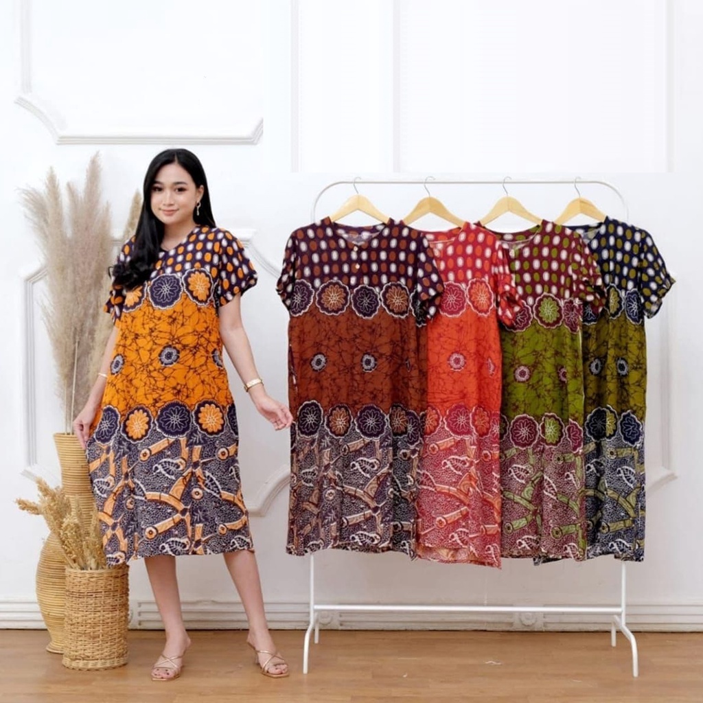 Daster Kencana Ungu Batik - Daster Busui LD 105 - Atasan Wanita - Batik Motif Abstrak Kekinian-Oval