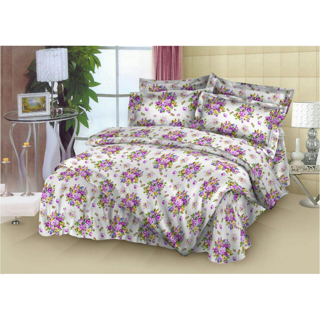Sprei Set Katun Premium Motif Bunga Ungu Putih