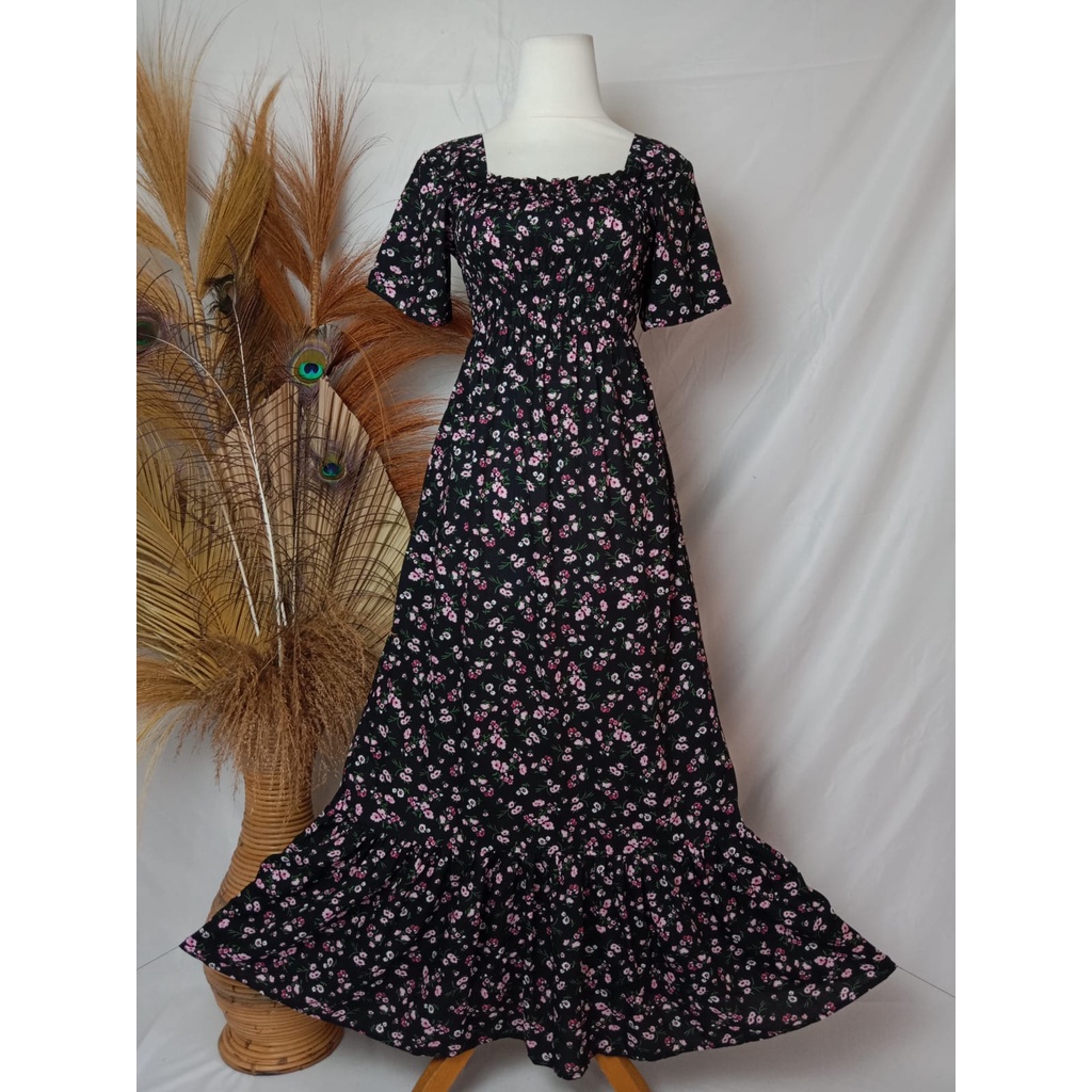 VANESSA REMPEL/ DASTER KERUT DADA REMPEL / DASTER SMOK-BUNGA PINK HITAM