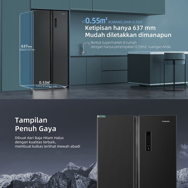 CHANGHONG Kulkas 2 Pintu Side by Side  FSS600NIB [467 L] ( Kulkas Inverter) (Kulkas Anti Bunga Es) ( Kulkas Big Capacity) (Triple Sistem Pendinginan) (Teknologi LECO Anti Bakteri dan Bau) (Triple Sistem Pendinginan ) (Satu Tombol Kontrol Pintar)